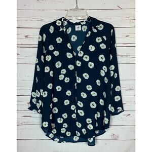Cabi Women's XS Extra Small Navy White Floral 3/4 Sleeve Go To Button Blouse Top